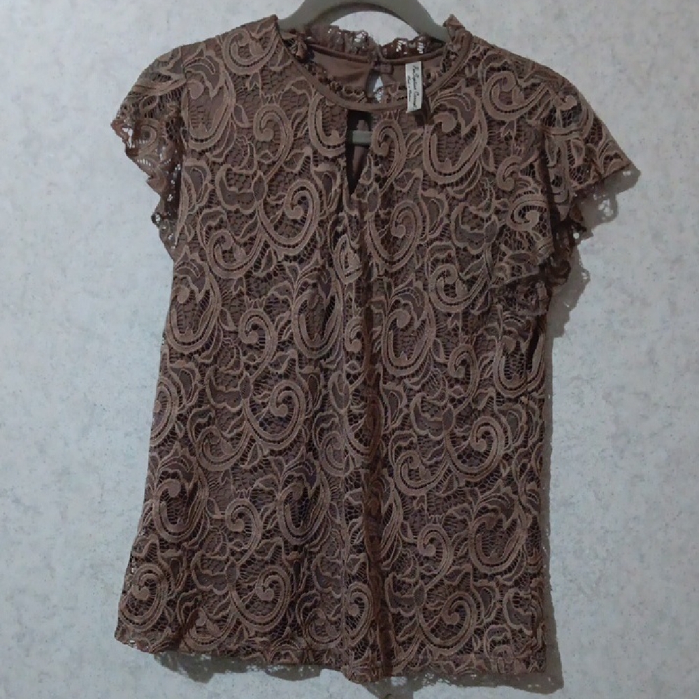 PerSeption Concept Brown Cap Sleeve Ruffled Blouse